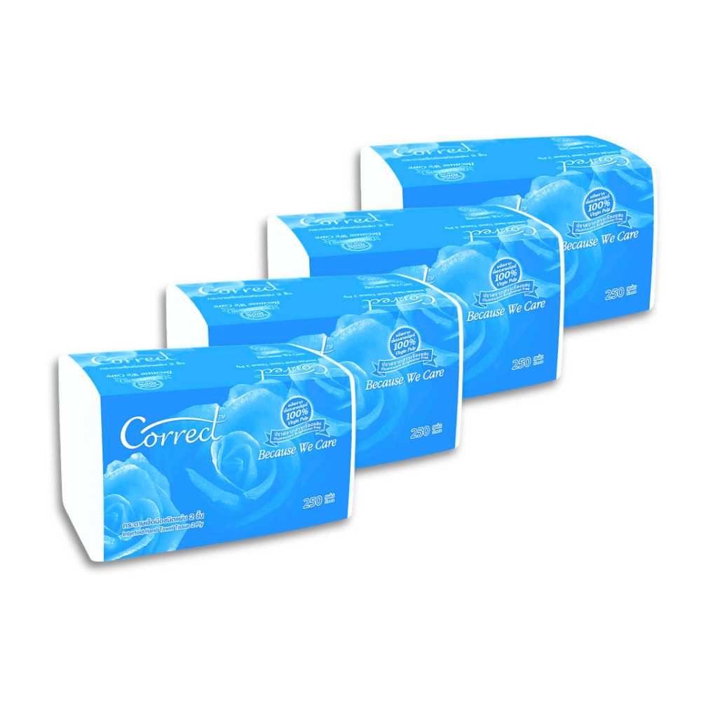 กระดาษเช็ดมือ CORRECT ชนิดแผ่น หนา 2 ชั้น บรรจุ 250 แผ่น/ห่อ X 4 ห่อ (1000 แผ่น)_0